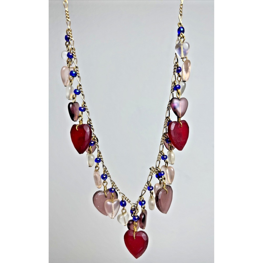 Vtg Pididdly Links 13" Necklace Gold Tone Czech Glass Hearts Charm Art Deco